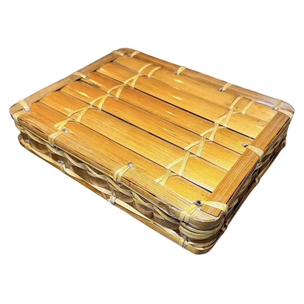 Vintage Varnished Handcrafted Tied Bamboo Wood 2x9x11 Rectangle Vanity Box Tray